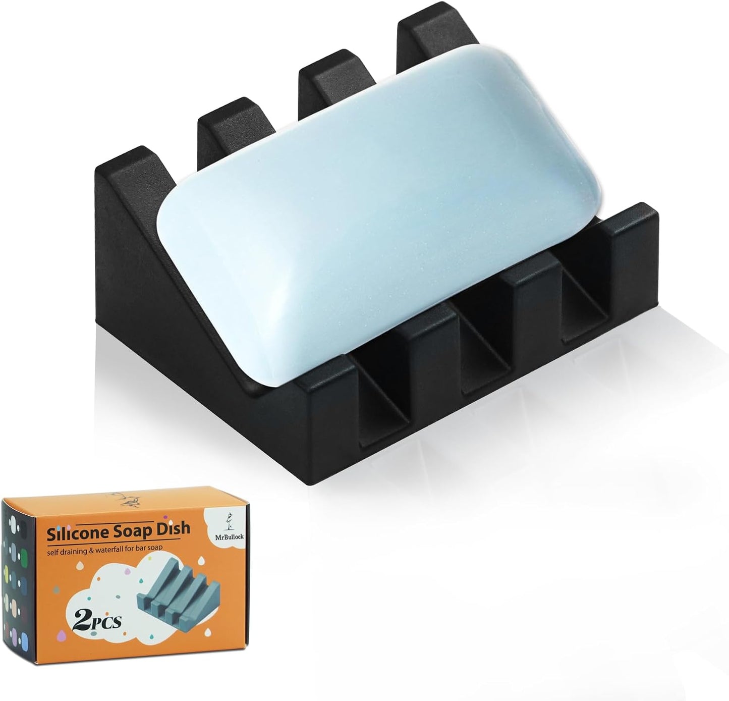 Self Draining Silicone Soap Dish Holder Waterfall Tray, 2 Pack Black | Waterfall design drains fast to keep soap dry, non-slip silicone base anti slide, soap saver for bathroom & kitchen