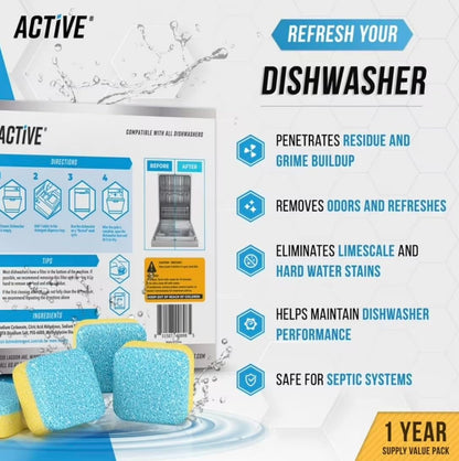 Dishwasher Cleaner Tablets, Deep Cleaning Deodorizer, Removes Limescale and Odors, Lemon Scent, 24 Count