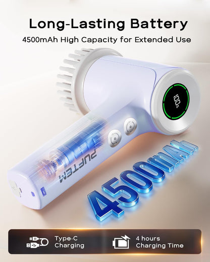 PUFTEM Electric Spin Scrubber for Bathroom Cleaning, Cordless Shower Scrubber with 6 Brush Heads, Dual-Direction Rotation, Handheld Cleaning Brush for Grout, Tile, Tub, Sink & Corners, Purple