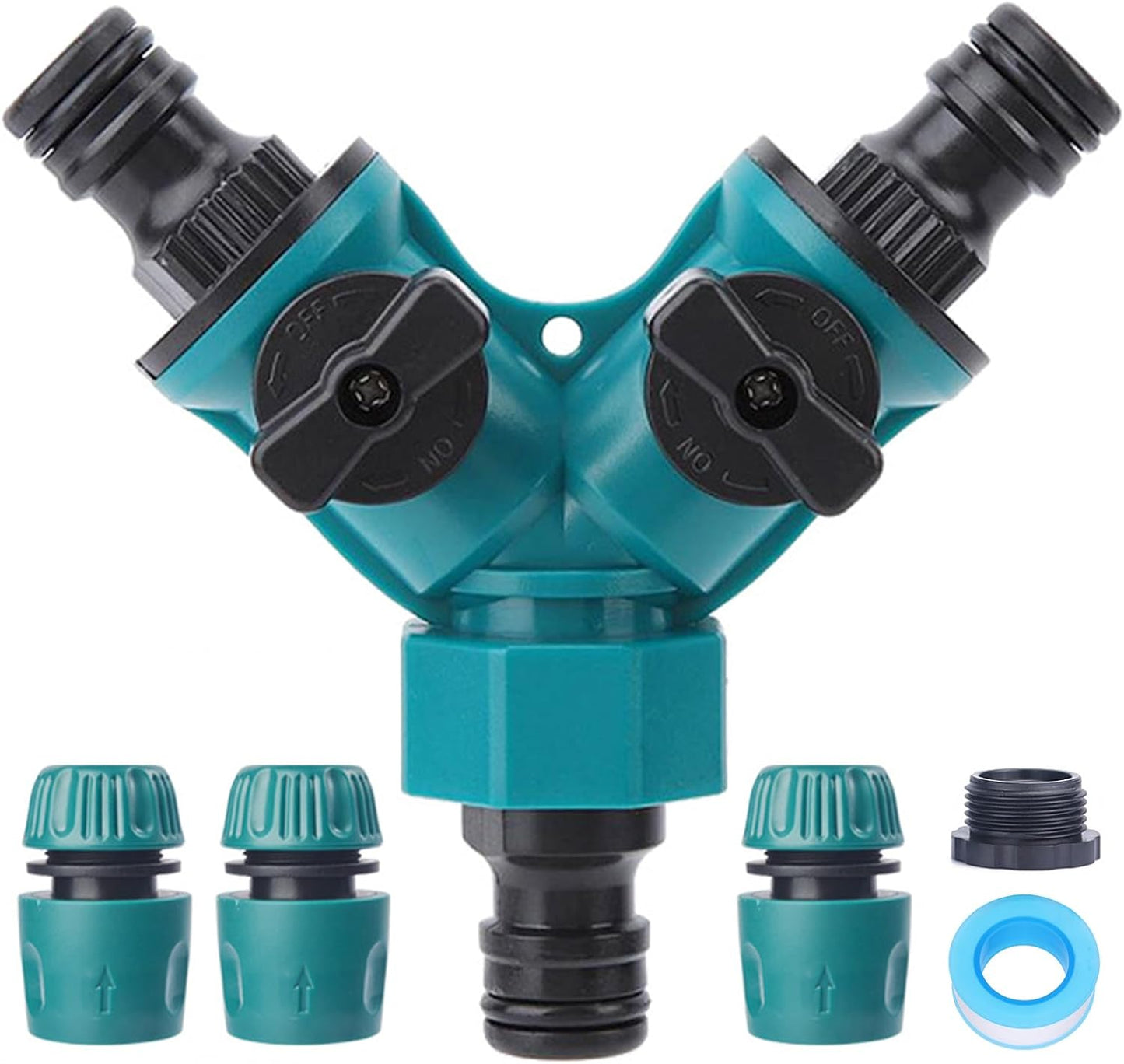 Garden Hose Splitter 2 Way, Y Water Tap Splitter with ON-OFF Valves, 3 Way Hose Connector, PTFE Tape, 3pcs Rubber Washers, 1pc Female + 2pcs Male 3/4 Inch Hose End Quick Connectors