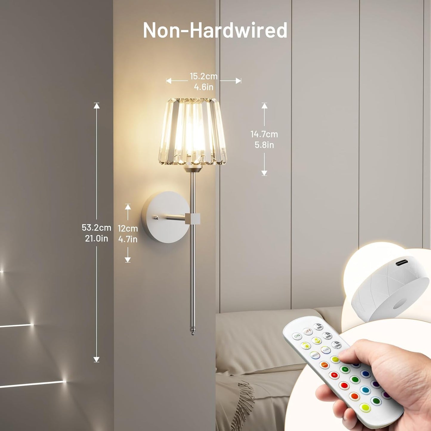 Crystal Battery Operated Wall Sconces Set of 2, Gold Rechargeable Wireless Wall Sconce Lights with Crystal Lampshade, 12 RGB and 3CCT Dimmable Wall Lamps with Remote for Bedroom Living Room Hallway