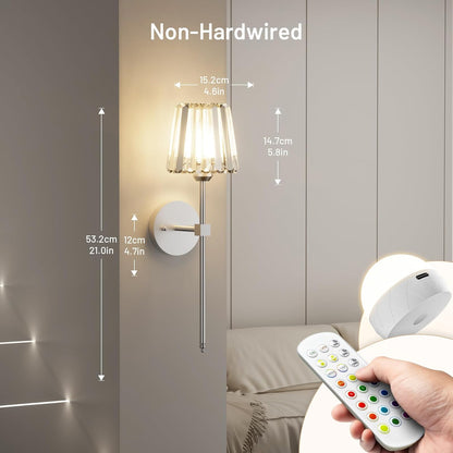 Crystal Battery Operated Wall Sconces Set of 2, Gold Rechargeable Wireless Wall Sconce Lights with Crystal Lampshade, 12 RGB and 3CCT Dimmable Wall Lamps with Remote for Bedroom Living Room Hallway