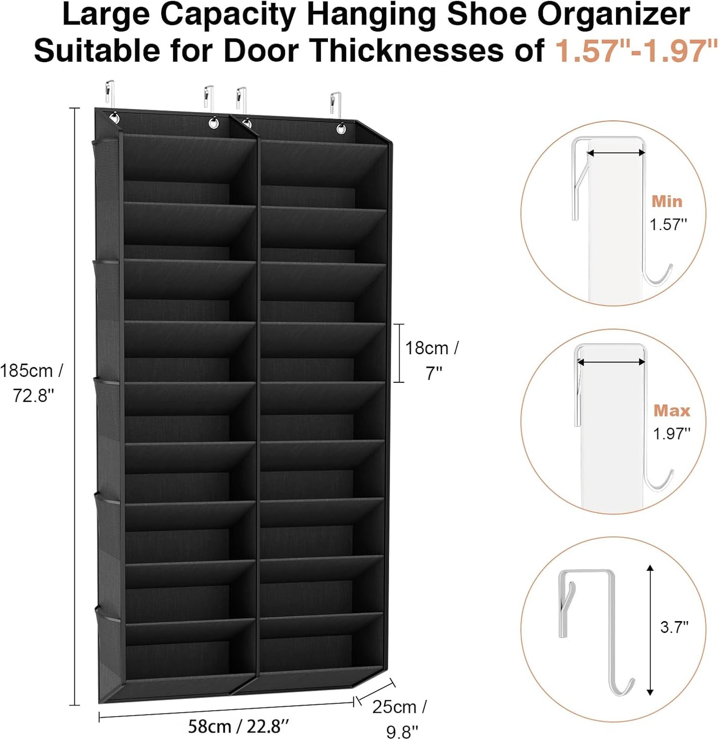 LANTEFUL Over the Door Shoe Organizer, Hanging Shoe Rack for Closet Door Shoe Storage for 30 Pairs Sneaker and Boots, Large Shoe Holder for Door with 10 Side Pockets, Space Saving, Black