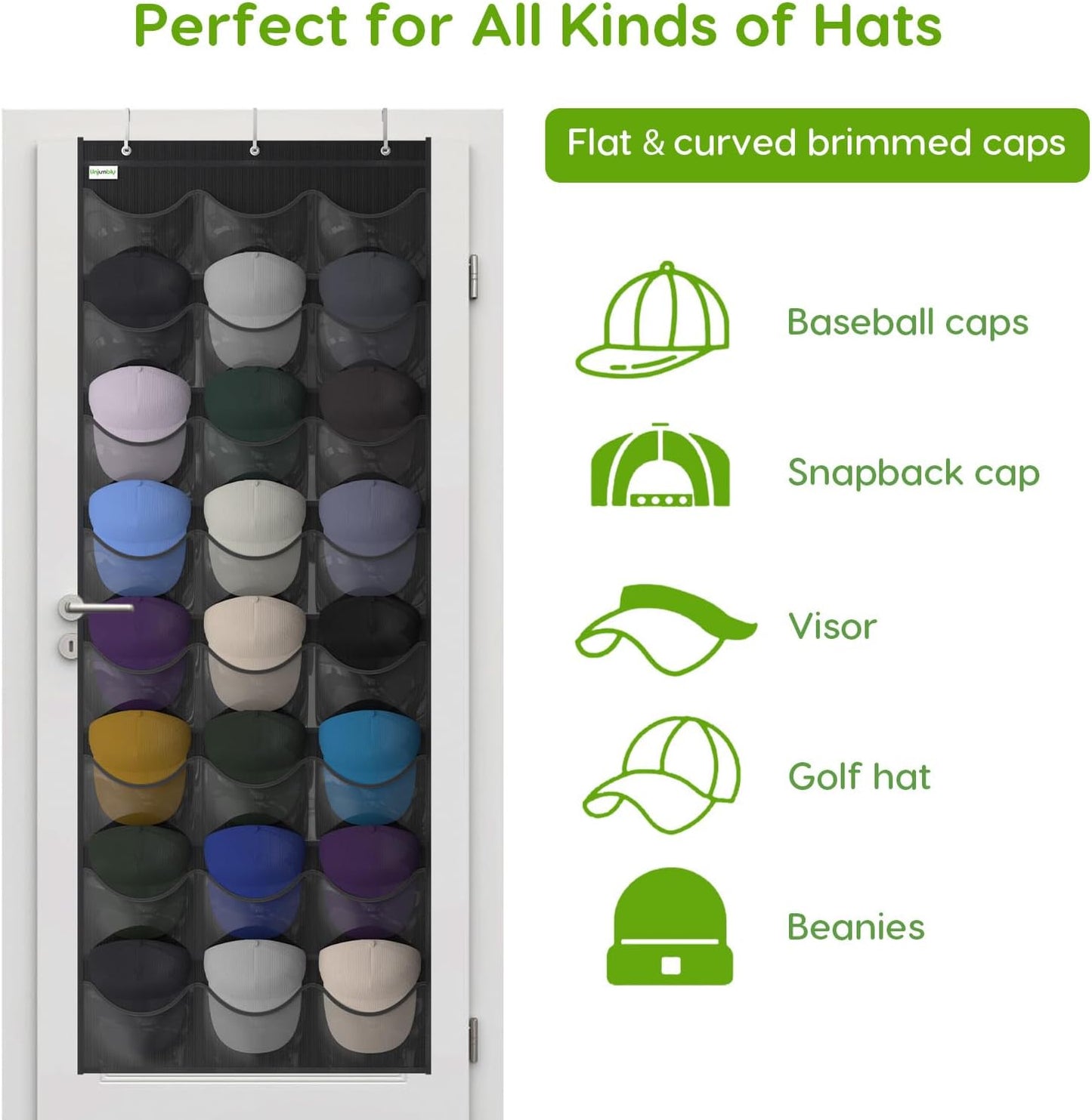 Baseball Hat Rack, 24 Pocket Over-The-Door Hat Organizer with Clear Deep Pockets to Display Baseball Caps Collection, Complete with 3 Over Door Hooks (Black, 24 Pockets)