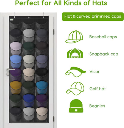 Baseball Hat Rack, 24 Pocket Over-The-Door Hat Organizer with Clear Deep Pockets to Display Baseball Caps Collection, Complete with 3 Over Door Hooks (Black, 24 Pockets)