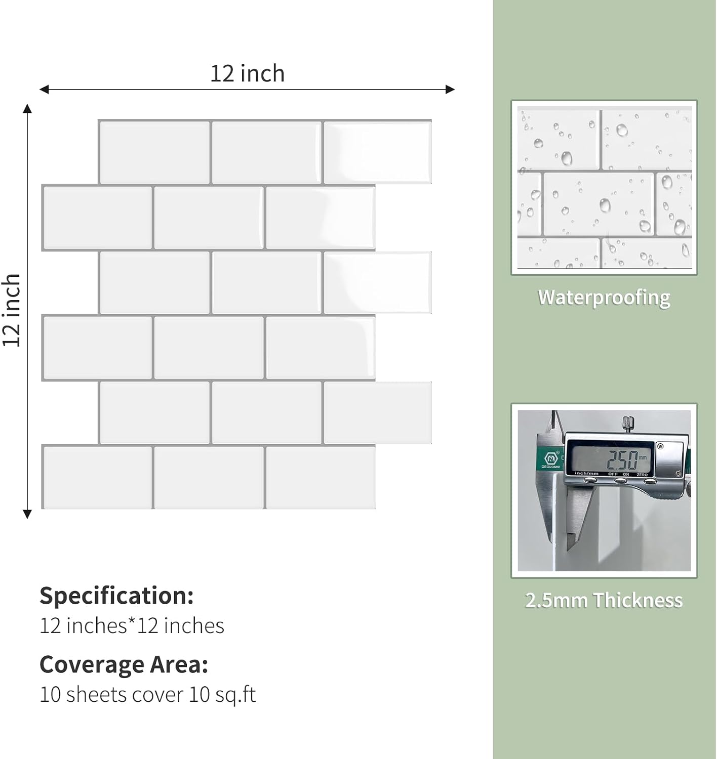 10-Sheet Thick Peel and Stick Kitchen Backsplash Tiles(Green,12"×12") | 3D Subway Waterproof Self-Adhesive Wall Tile Stick on Backsplash for Kitchen and Bathroom