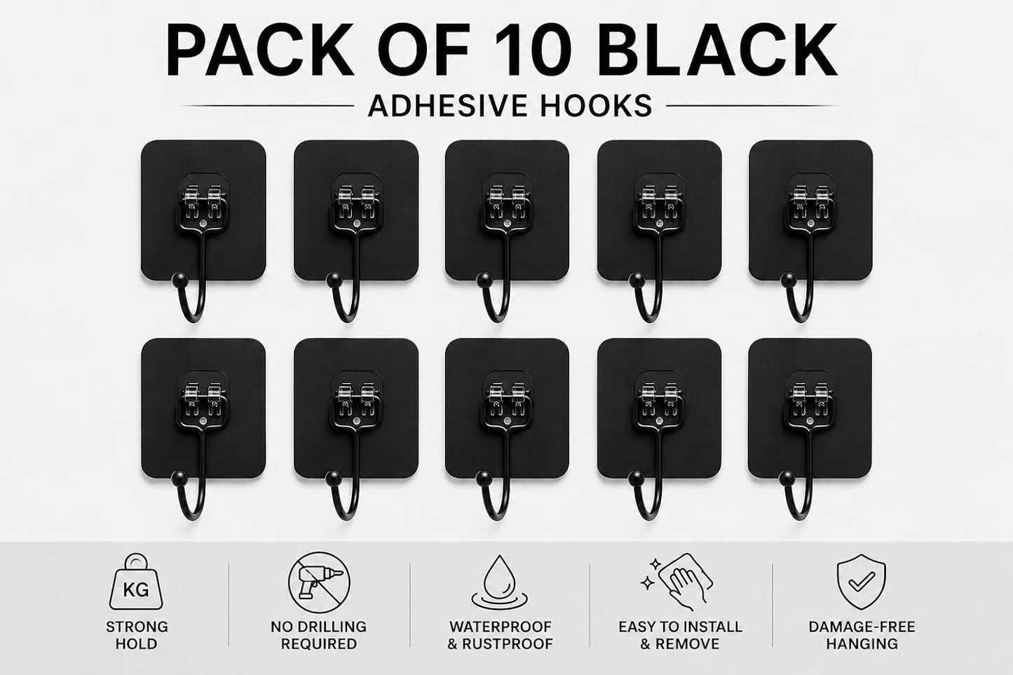 Luxe Hooks, Heavy Duty Wall Hooks, Waterproof Self Adhesive Hooks for Bathroom, Kitchen, Shower & Office, No Drill Wall Hooks for Towels, 10 Counts. (10, Transparent)