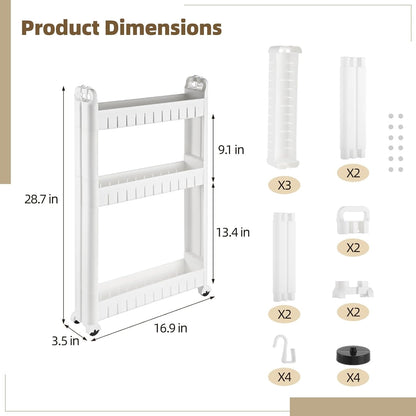 3 Tiers Slim Rolling Storage Cart, 3.5 Inches Slim Slide Out Bathroom Organizer Cart, Tiered Storage Rack with Wheels, Narrow Mobile Utility Cart for Laundry Room, Kitchen, Office, Sturdy Room
