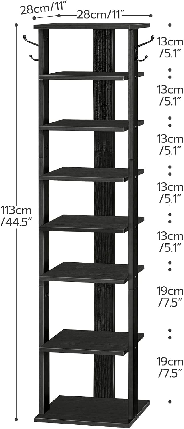 HOOBRO 8 Tiers Vertical Shoe Rack, Wooden Shoe Storage Organizer with Hooks, Narrow Shoe Tower for 8 Pairs, Space Saving, for Entryway, Living Room, Bedroom, Rustic Brown BF07XJ01G1