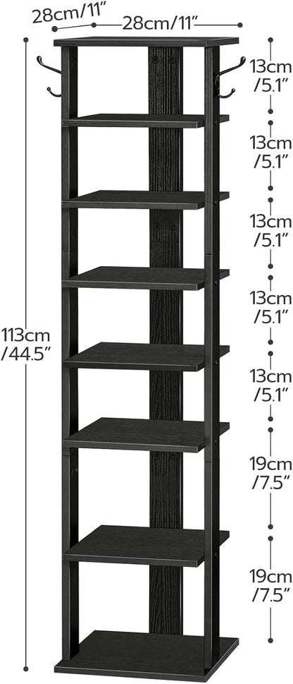HOOBRO 8 Tiers Vertical Shoe Rack, Wooden Shoe Storage Organizer with Hooks, Narrow Shoe Tower for 8 Pairs, Space Saving, for Entryway, Living Room, Bedroom, Rustic Brown BF07XJ01G1