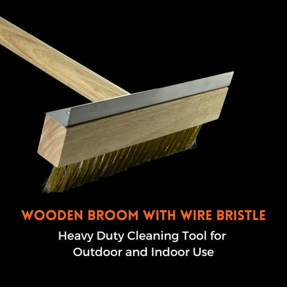 Premium Wooden Broom with Wire Bristle - Heavy Duty Cleaning Tool for Outdoor and Indoor Use, Perfect for Patio, Garage, and Kitchen