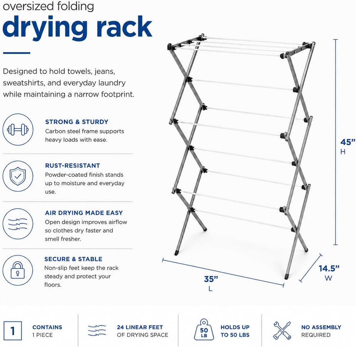 Honey-Can-Do Oversized Collapsible Clothes Drying Rack, 35", 50 lb, Grey | Oversized 35" x 45" steel rack holds 50 lb and folds flat for storage. Air-dry a full load indoors or outdoors.