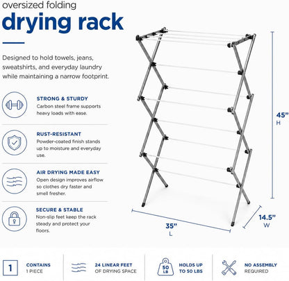 Honey-Can-Do Oversized Collapsible Clothes Drying Rack, 35", 50 lb, Grey | Oversized 35" x 45" steel rack holds 50 lb and folds flat for storage. Air-dry a full load indoors or outdoors.