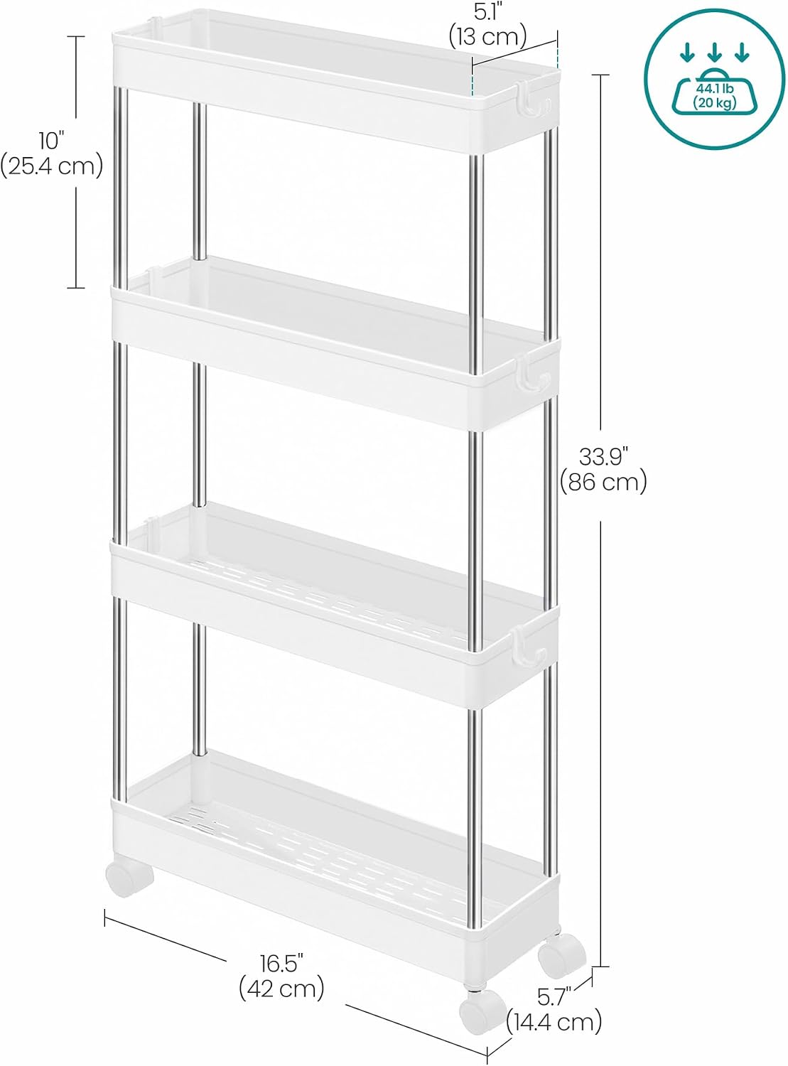 SONGMICS Slim Storage Cart, 4-Tier Rolling Cart, Narrow Utility Cart on Wheels, 6 Hooks, 360° Swivel Wheels, Lockable, Steel Frame, Bathroom, Kitchen, Office, Cloud White UKSC08WT