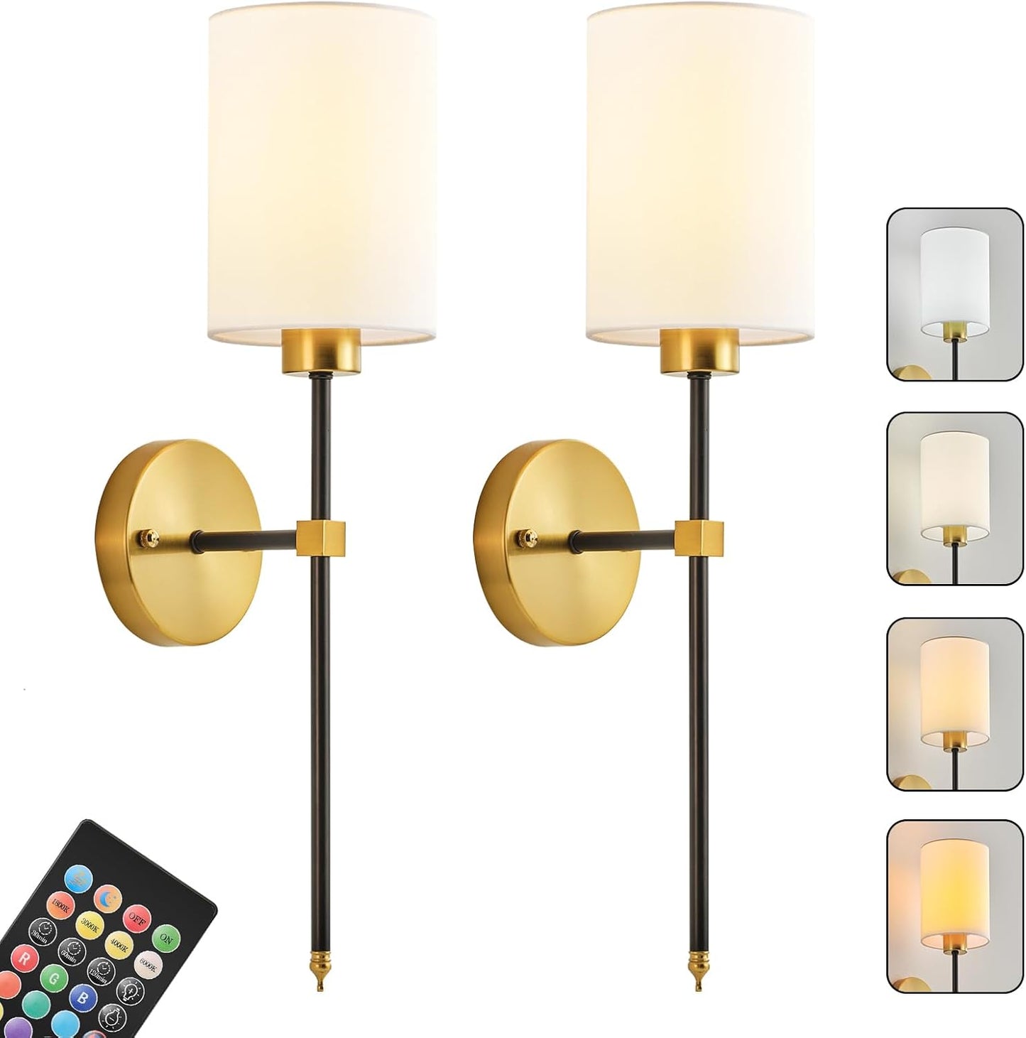 Battery Operated Wall Sconces Set of Two,Wireless Rechargeable Wall Light With Remote Control, Dimmable, Amber Light/Warm White/Natural White/Daylight/RGB, Timer,for Living Room,Bedroom,Entryway,Gold