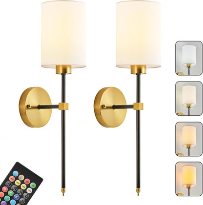 Battery Operated Wall Sconces Set of Two,Wireless Rechargeable Wall Light With Remote Control, Dimmable, Amber Light/Warm White/Natural White/Daylight/RGB, Timer,for Living Room,Bedroom,Entryway,Gold