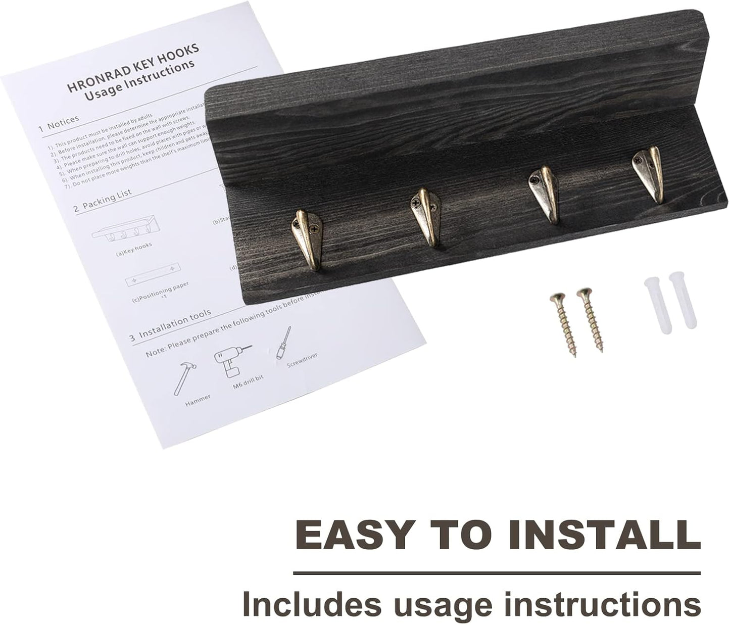 HRONRAD Rustic Key Holder for Wall, Farmhouse Wall Shelf with 4 Hooks, Wall Mounted Key Racks, Wooden Mail Organizer with Hooks for Entryway (Brown)