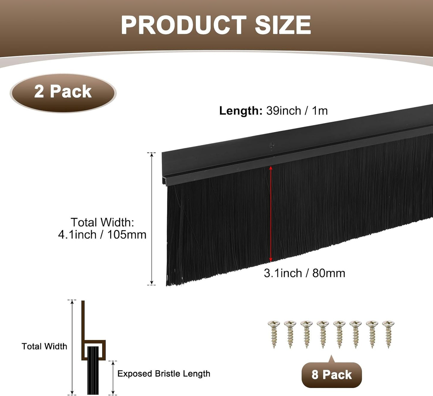 M METERXITY 2Pack Door Sweep - 39" Door Bottom Brush Heavy Duty Seal Draft Stopper Aluminum Base with 50mm Brush, Adhesive/Screw Installation for Interior/Exterior/Garage/Sliding Doors, Black