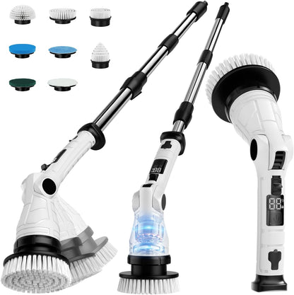 Electric Spin Scrubber with 8 Replaceable Brush Heads 6 Adjustable Angle Waterproof LED Display Cordless Cleaning Brush Supplies Bathroom Cleaner Set Long Handle Power Scrubber for Shower Floor Tub