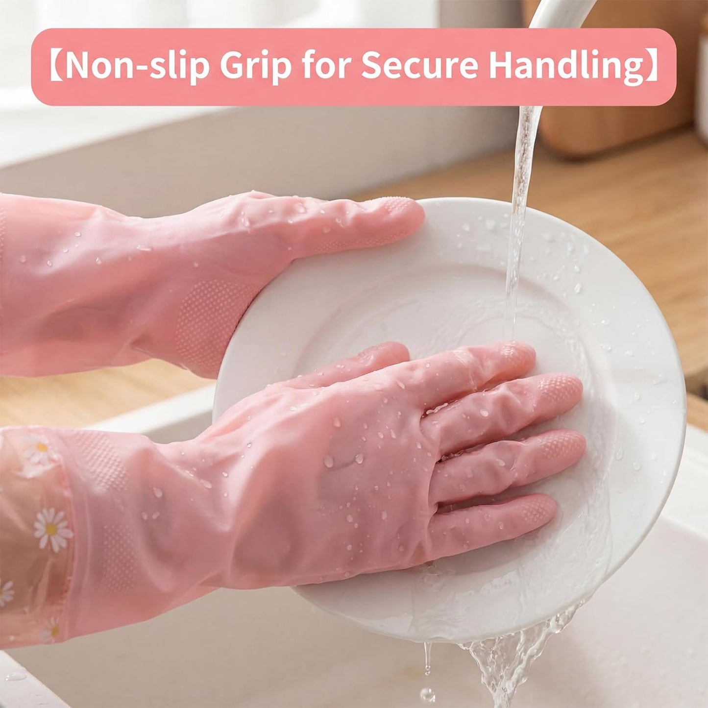 Pink Reusable Dishwashing Gloves, Dishwashing Cleaning Gloves, Waterproof Long Cuff Non-Slip Household Gloves for Laundry, Cleaning, Working, Gardening