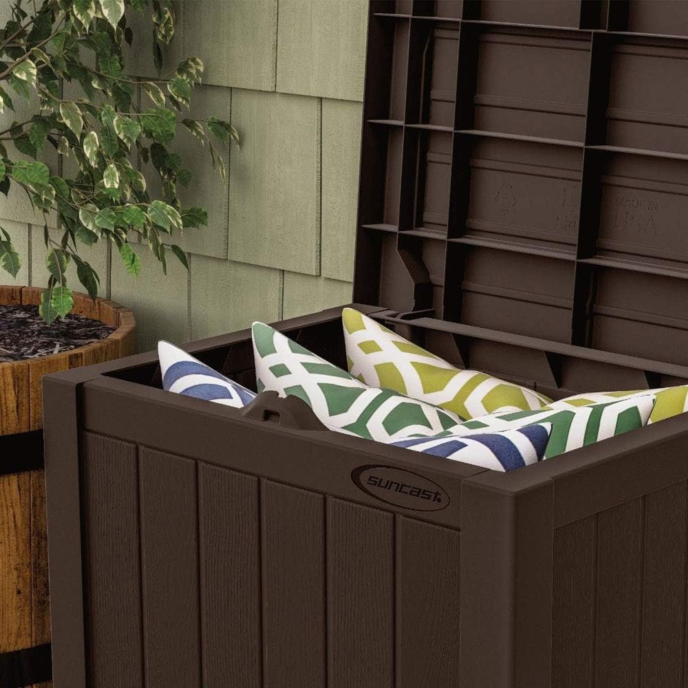 Suncast 22-Gallon Small Deck Box - Lightweight Resin Indoor/Outdoor Storage Container and Seat for Patio Cushions and Gardening Tools - Store Items on Patio, Garage, Yard - Stone Gray, Made in the USA