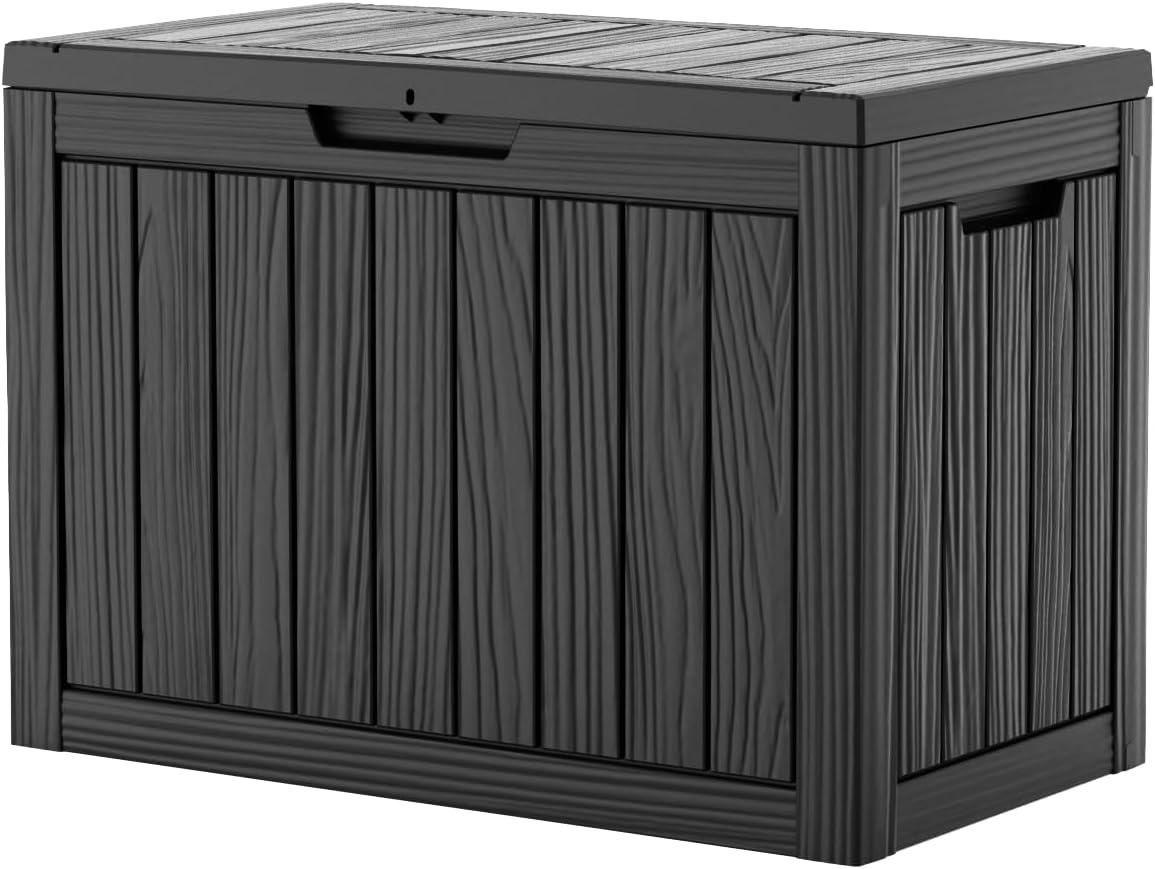 EasyUp 33 Gallon Resin Deck Box Waterproof, UV Resistant Outdoor Storage Box for Delivery, Porch, Patio and Garden, Stripe Black