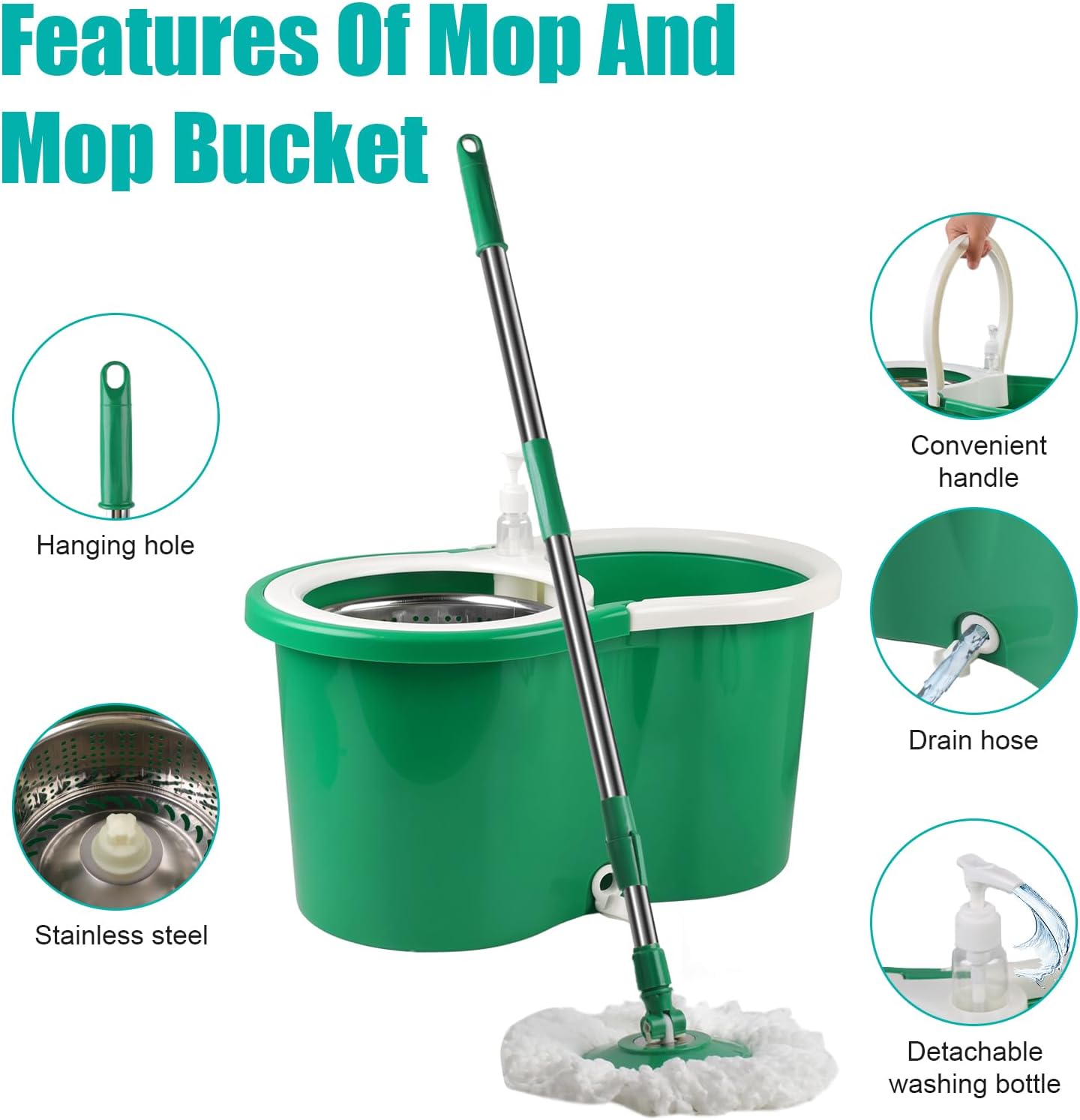 Spin Mop and Bucket with Wringer Set, 360° Spinning Mop Bucket System with 3 Microfiber Mop Replacement Heads and 50" Stainless Steel Adjustable Handle for Floor Cleaning