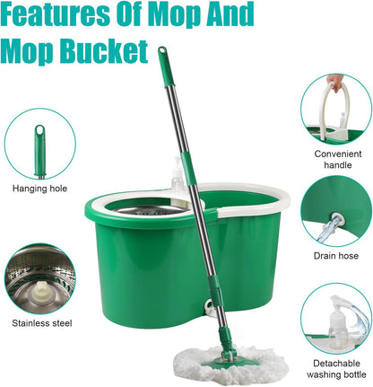 Spin Mop and Bucket with Wringer Set, 360° Spinning Mop Bucket System with 3 Microfiber Mop Replacement Heads and 50" Stainless Steel Adjustable Handle for Floor Cleaning