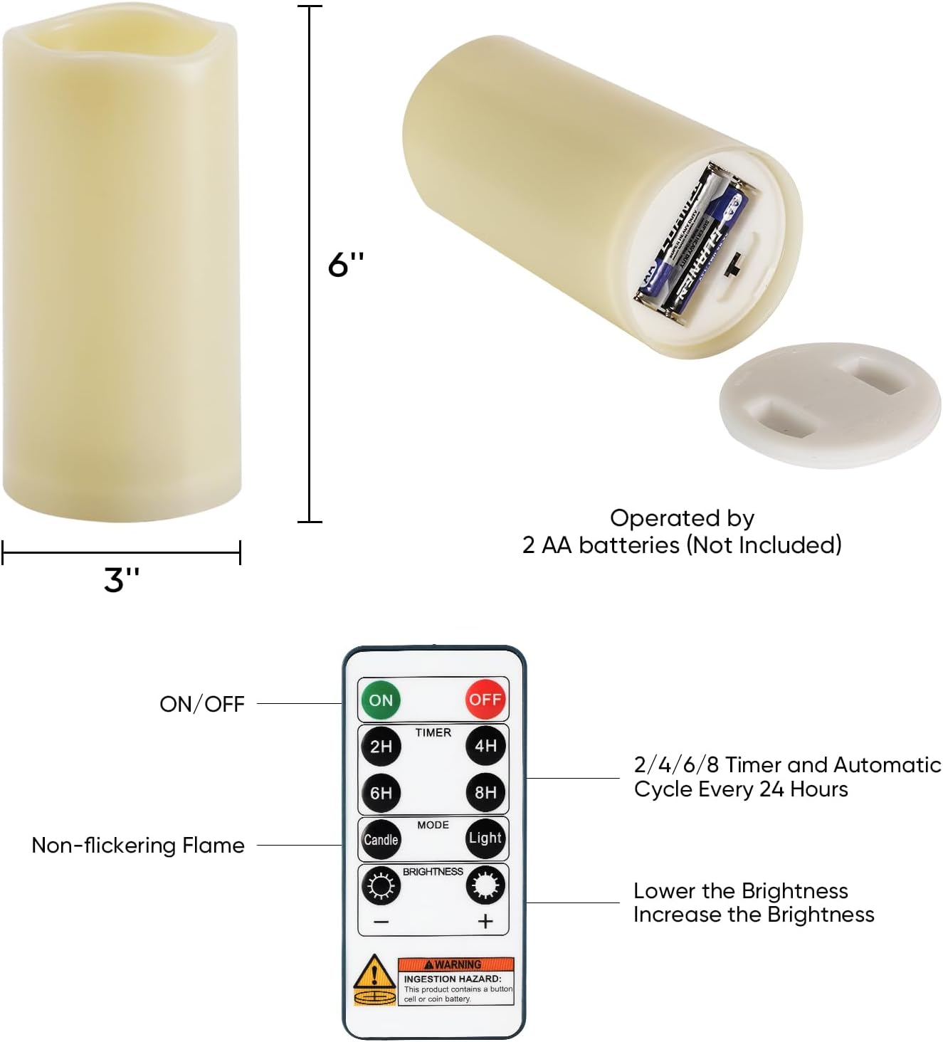 Homemory 3 Pack Flameless Candles, Outdoor Waterproof, Battery Operated LED Pillar Candles with Remote Control and Timer, Plastic, Long Lasting，4”5”6”