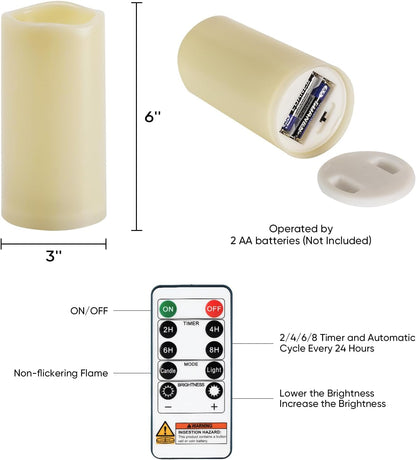 Homemory 3 Pack Flameless Candles, Outdoor Waterproof, Battery Operated LED Pillar Candles with Remote Control and Timer, Plastic, Long Lasting，4”5”6”