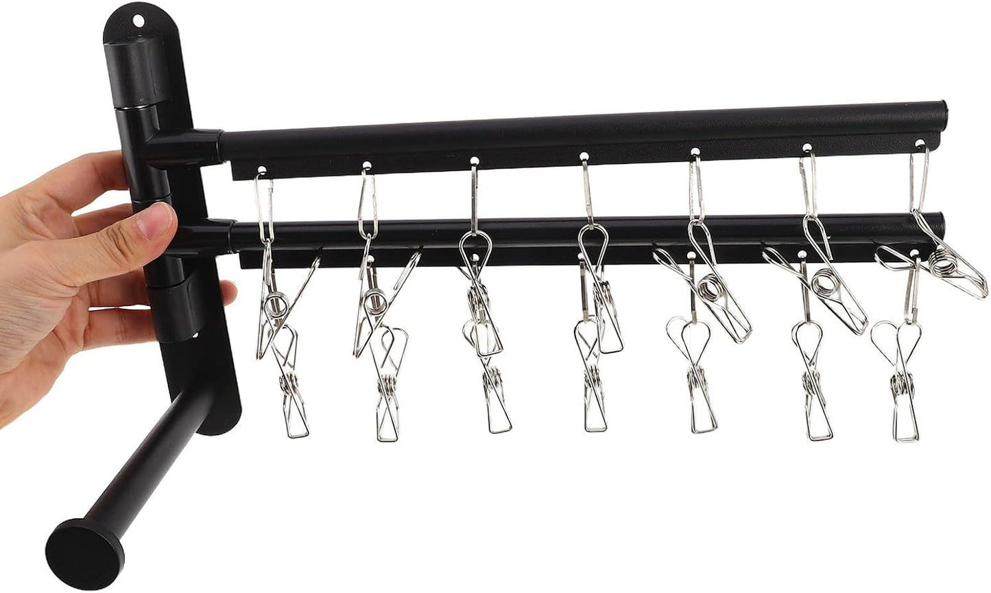 OUNONA Wall Mounted Laundry Hanger Dryer Rack with 2-Tier Stainless Steel Multi Bars, 360° Rotating Arms and 14 Clips, Foldable Strong Loadbearing Design for Laundry and Closet Organizer,