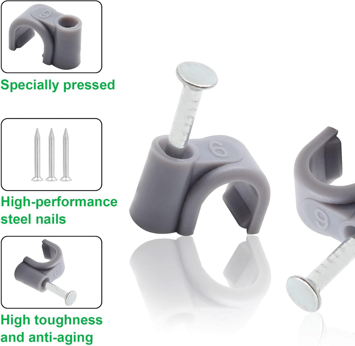 Flat Ethernet Cable Wire Clips with Nail, 14mm, White | Single Coaxial Cable Clamps, Cable Management