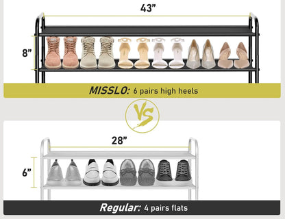 MISSLO 3-Tier Long Shoe Rack for Closet Shoe Organizer for Closet Floor Entryway Storage Stackable Wide Shoe Shelf Stores 24 Pairs of Men Sneakers, Black