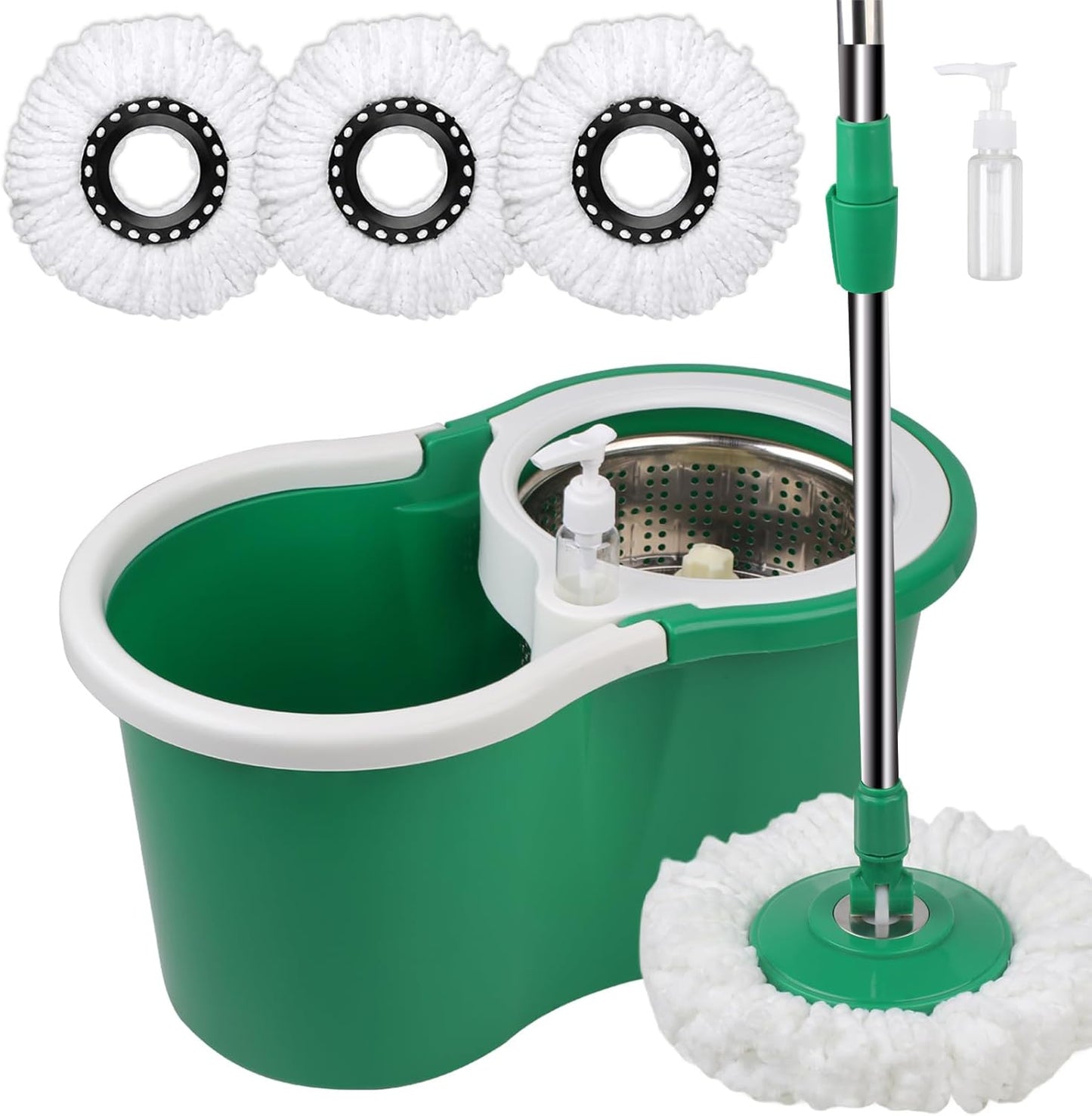 Spin Mop and Bucket with Wringer Set, 360° Rotating Head Mop Bucket System with 3 Microfiber Mop Refills Wet and Dry Suitable for Office and Home Use, Green (Black-Plus)