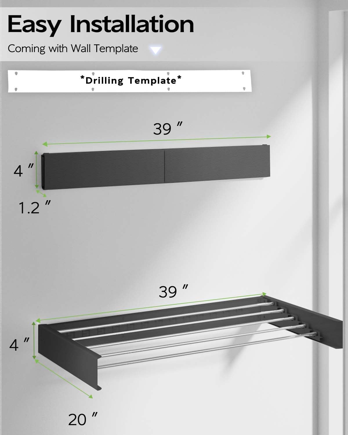 Vikaqi Wall Mounted Clothes Drying Rack 32", Foldable Wall Mount Laundry Rack Folding Indoor, Drying Rack Clothing Collapsible, Hidden Space Saver with Wall Template, 5 Rods, White