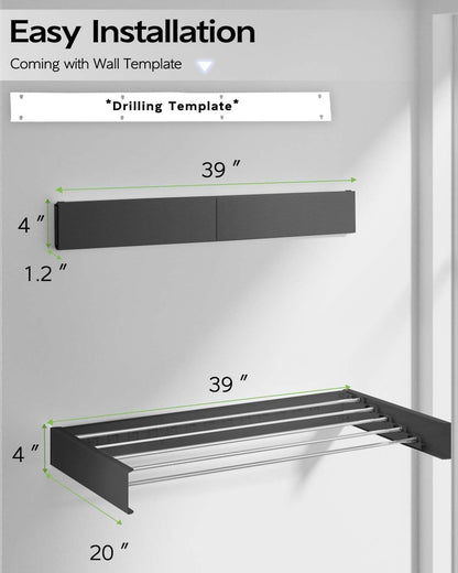 Vikaqi Wall Mounted Clothes Drying Rack 32", Foldable Wall Mount Laundry Rack Folding Indoor, Drying Rack Clothing Collapsible, Hidden Space Saver with Wall Template, 5 Rods, White