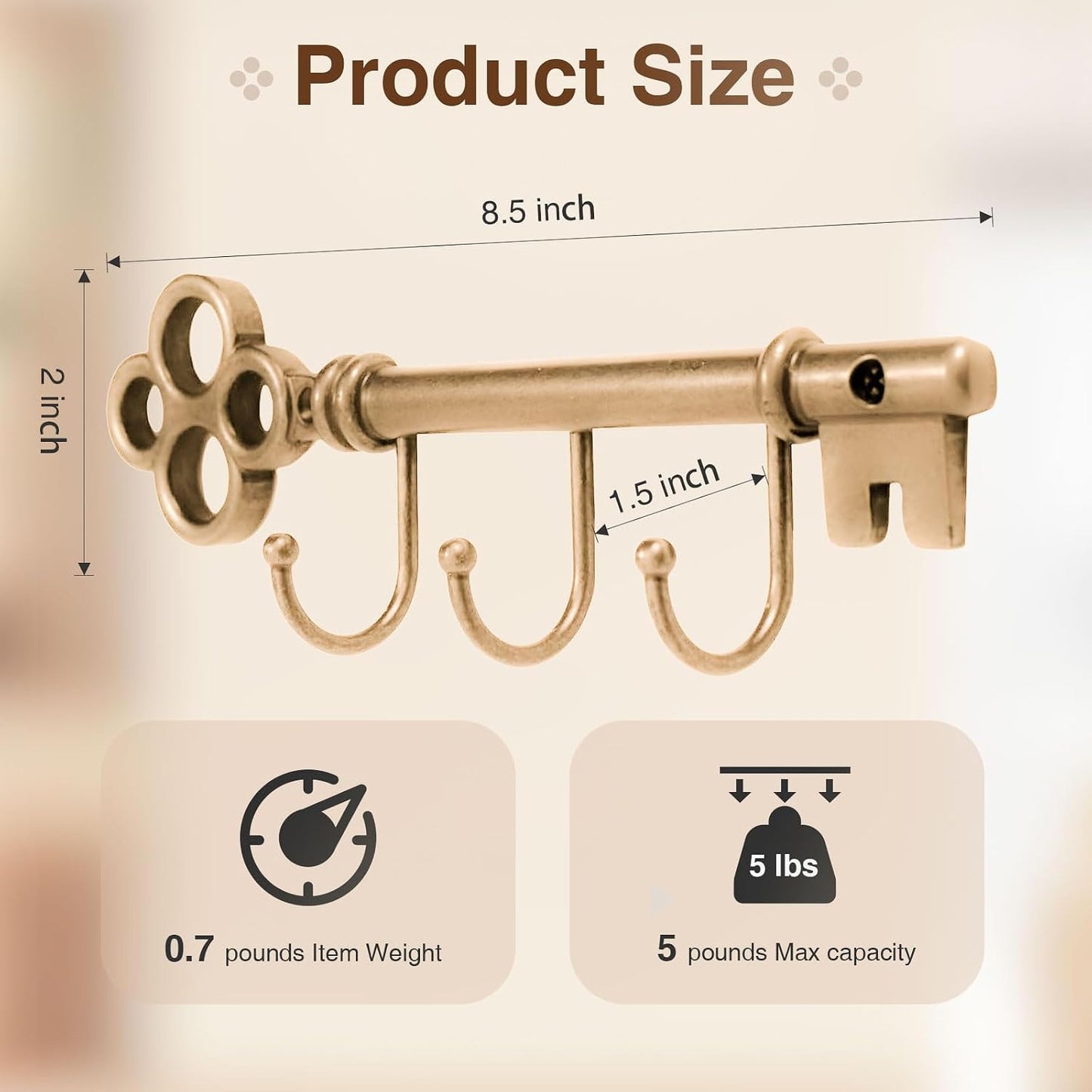 Classic Wall Mounted Key Holder Hook Rack, Vintage Key Rack for Entryway (Gold)