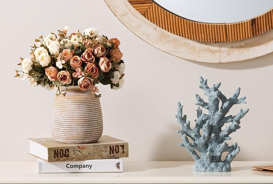 Ceramic Flower Vase, Small Rustic Farmhouse Vases Home Decor, Short Pottery Decorative Pampas Vase for Table Living Room Entryway Mantel Bookshelf Bedroom Bathroom Kitchen - 6" W