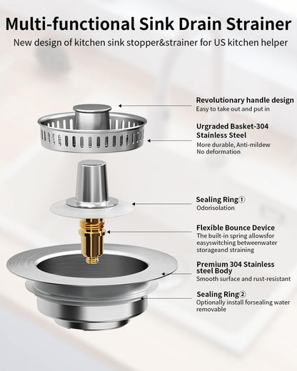 3 in 1 Kitchen Sink Drain Strainer [304 Stainless Steel Pop Up] Anti-Clogging Kitchen Sink Drain Stopper Stainless Steel Efficiently Drainage Odor Filter Sink Plug for Us Standard 3-1/2 Inch