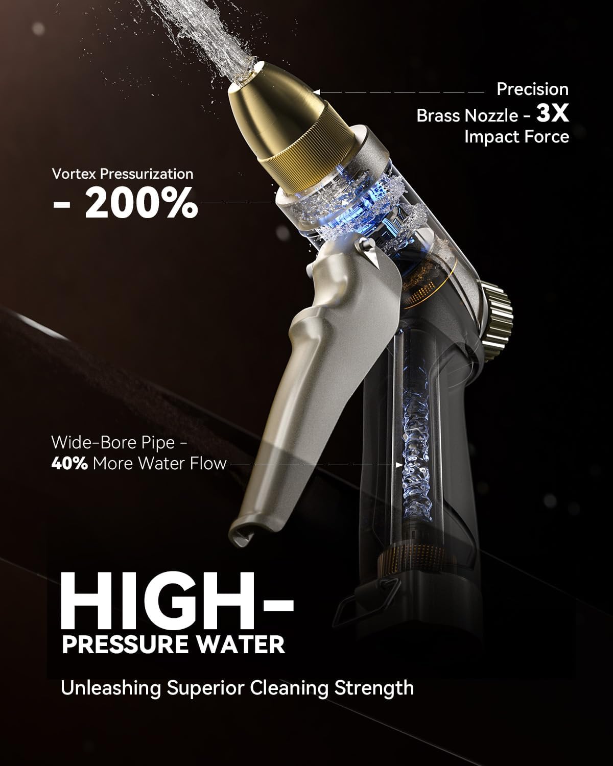 RAINPOINT Garden Hose Nozzle, 100% Heavy Duty Metal Hose Sprayer, High Pressure Water Hose Nozzle with Adjustable Spray Patterns and Flow Control for Watering Plants, Car Washing, Pet Washing, Gold