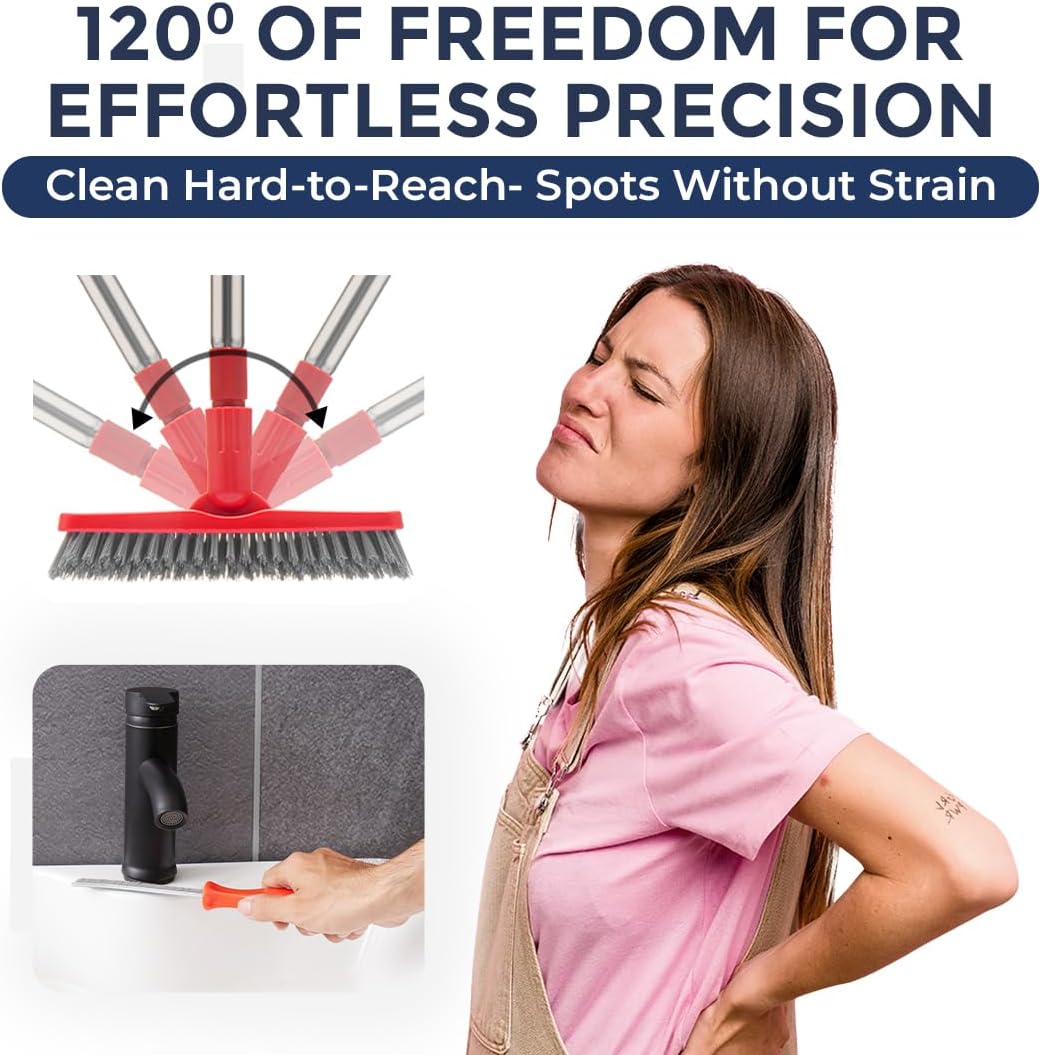 Shower Scrubber with Long Handle, Stiff Bristles Grout-Brush, Tub Scrub-Brush with Long-Handle, Shower-Cleaner Brush, Grout Cleaning Brush for Tile floors, Scouring Pad & Microfiber Cloth for Bathroom
