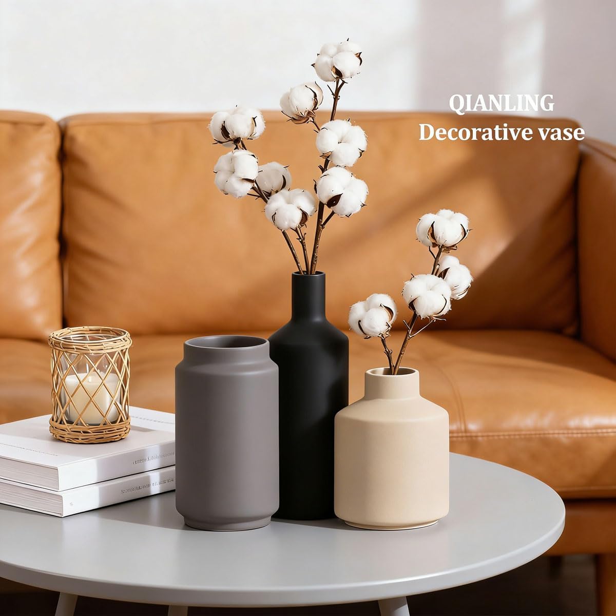 Ceramic Vase Set of 3 - Modern Neutral Vases Home Decor, Minimalism Decorative Vases, Boho Decor Small Flower Vase for Shelf, Dining Table Entryway Mantel Centerpiece Bookshelf Living Room Bathroom