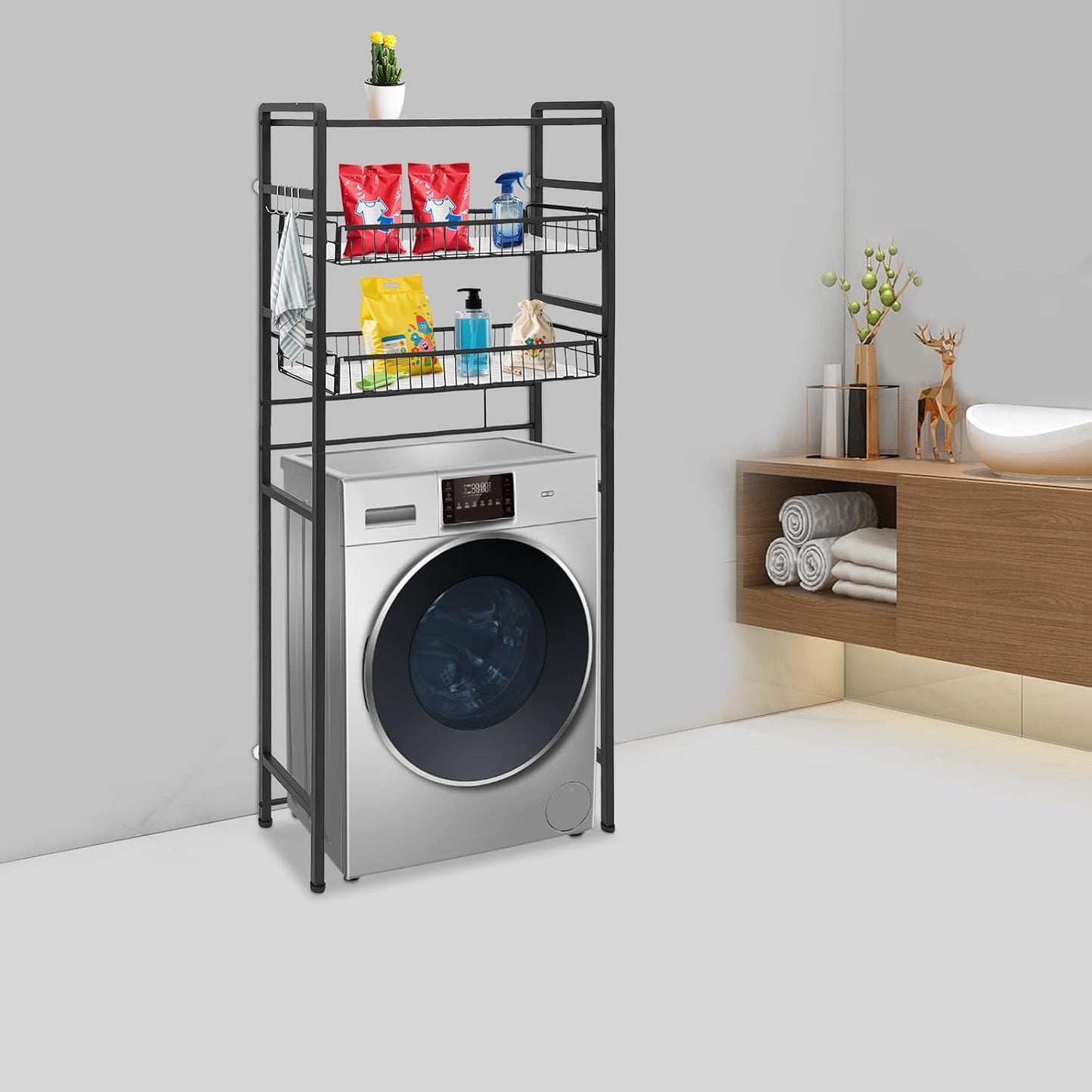 Laundry Room Over Washer Shelf, Carbon Steel, 3 Tiers, Black | Open Design Laundry Room Storage and Organizer Standing Shelf for Drum Washing Machines