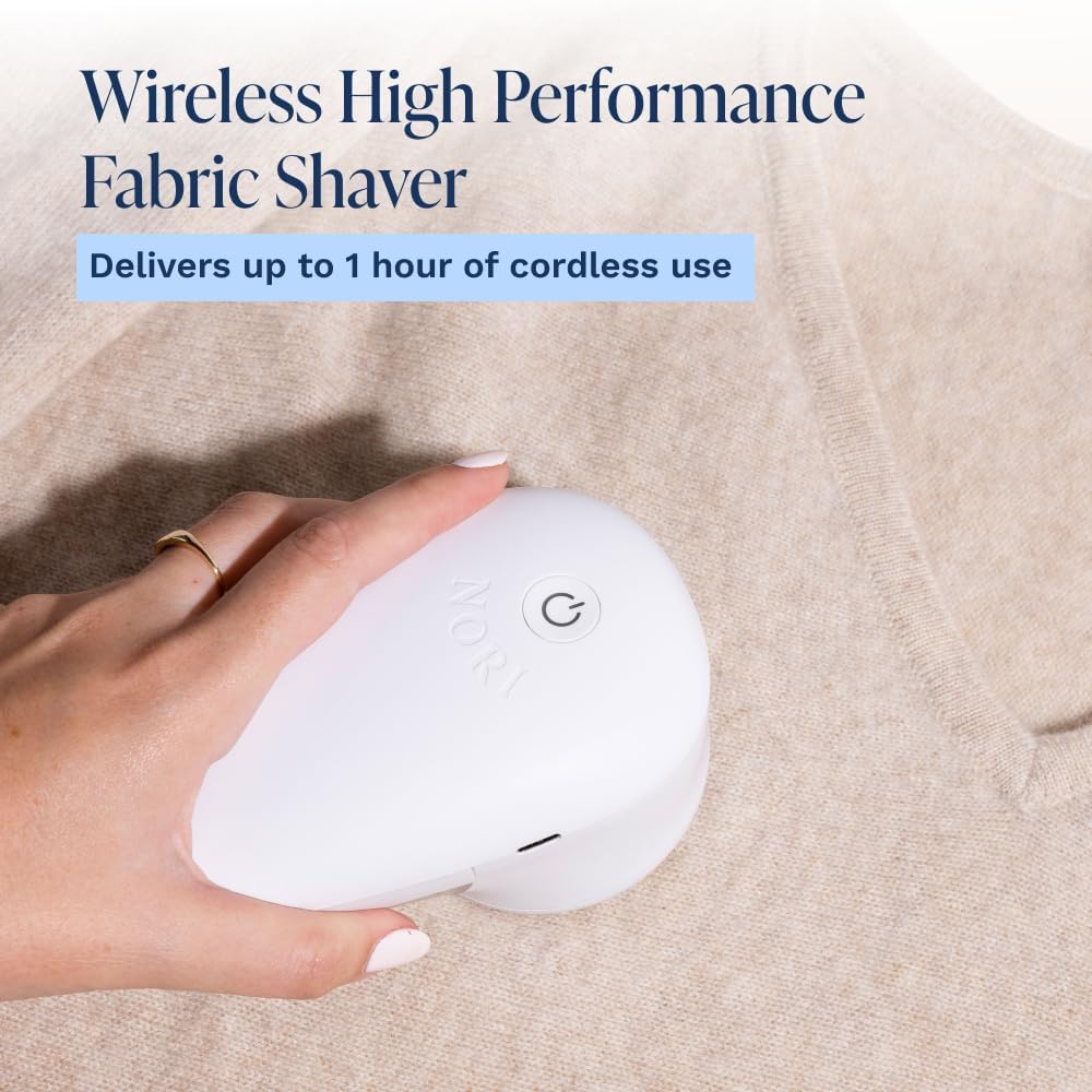 Nori Trim Fabric Shaver - Lint Remover for Clothes & Furniture Couch Pilling - Sweater Pill Remover - Clothes Shaver with 6 Precision Blades - Wireless and Rechargeable - White