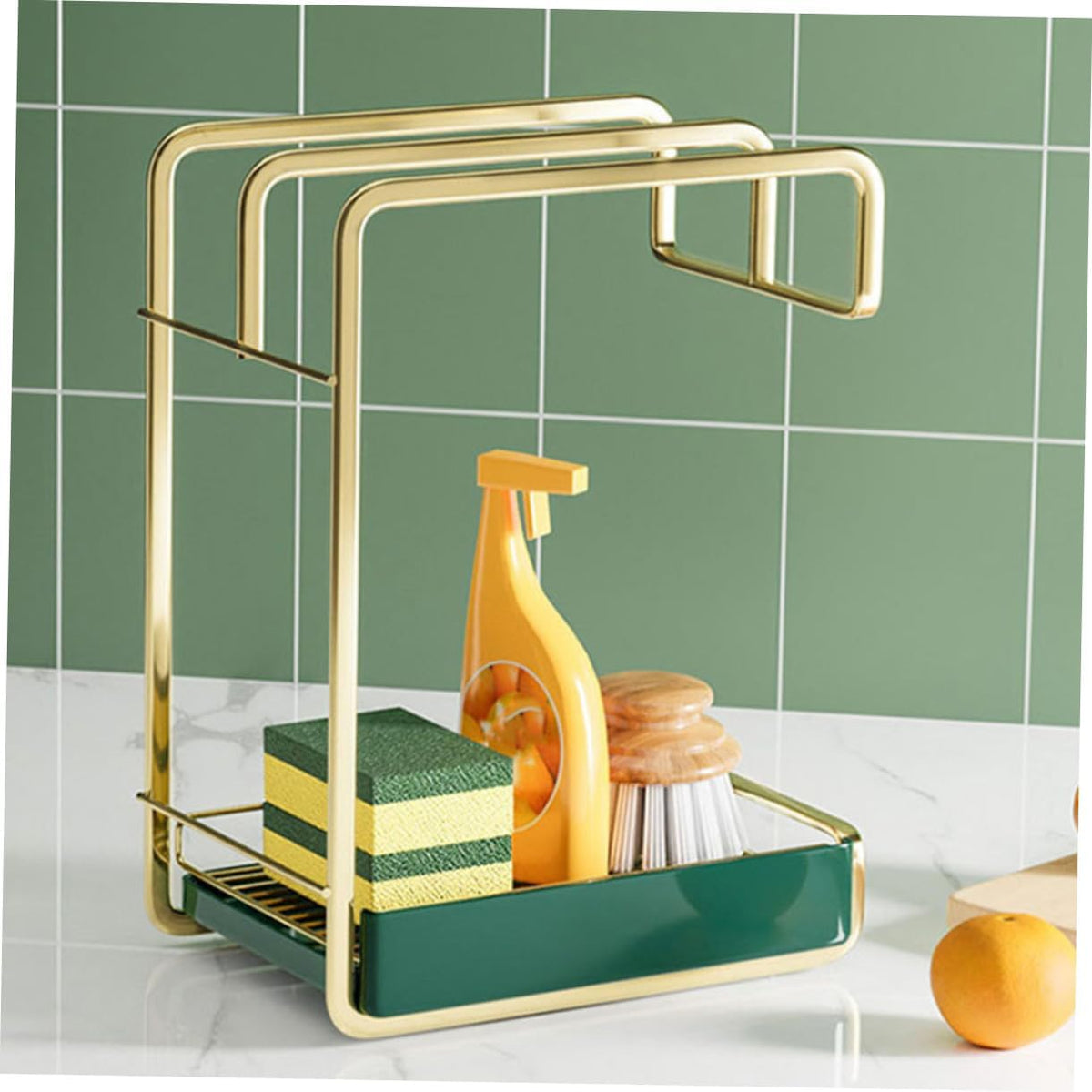 Cabilock Kitchen Wall Mounted Iron Draining Rack with Triple Rods for Dish Cloth and Sponge Storage Space Saving Tableware Drying Organizer in Gold Practical Kitchen Cleaning Tool Holder