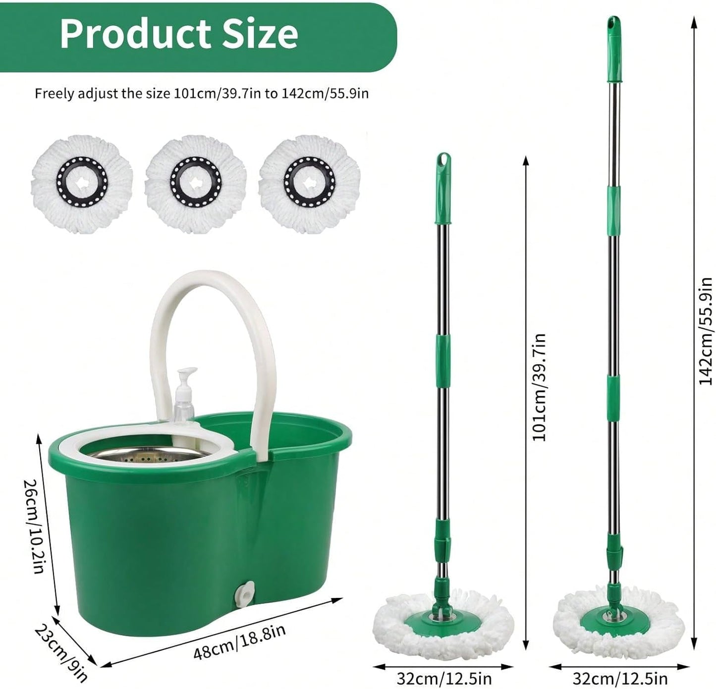 Spin Mop and Bucket with Wringer Set, 360° Spinning Mop Bucket System with 3 Microfiber Mop Replacement Heads, Adjustable Handle for Floor Cleaning (Green)
