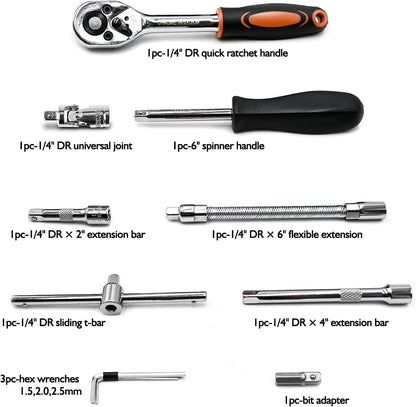 Egofine 46 Pieces 1/4 inch Drive Socket Ratchet Wrench Set, with Bit Socket Set Metric and Extension Bar for Auto Repairing and Household, with Storage Case