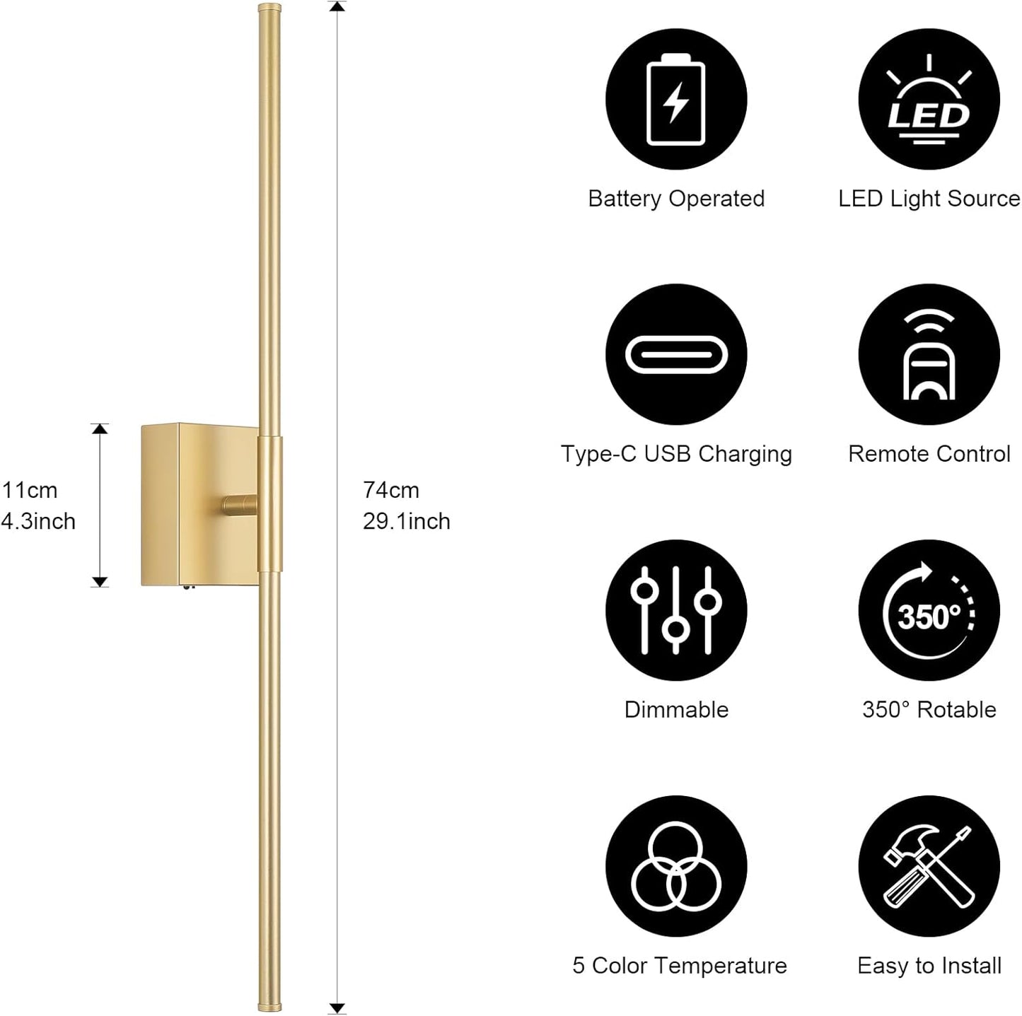 Battery Operated Wall Sconce Set of Two with Remote Control, 3000K-6000K Dimmable Black Wall Lights, Timable LED Wireless Wall Sconces, 350° Ratate for Bathroom, Living Room, Hallway 29.1 Inch