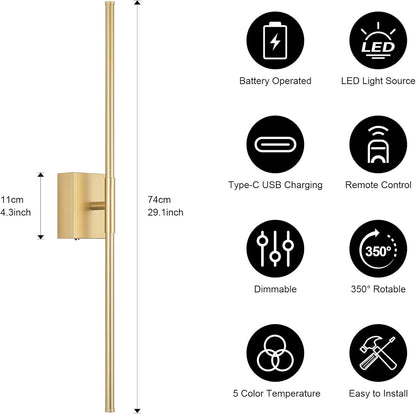 Battery Operated Wall Sconce Set of Two with Remote Control, 3000K-6000K Dimmable Black Wall Lights, Timable LED Wireless Wall Sconces, 350° Ratate for Bathroom, Living Room, Hallway 29.1 Inch