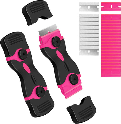 DEKEones Razor Blade Scraper, Double Edged Razorblade Scraping Tool with 10 Pcs Razor Blades, Paint Scraper for Glass, Decals, Tint, Stickers, Labels, Caulk, Adhesive(Pink)